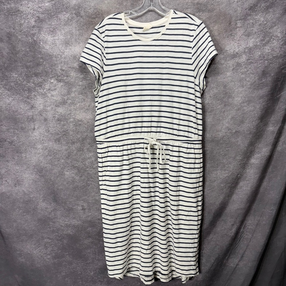 Pact Relaxed Slub Weekend Dress Size L White Striped Organic Cotton Drawstring